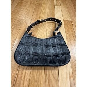 NUNOO Black Croc Embossed Leather Shoulder Bag Gold Hardware Baguette